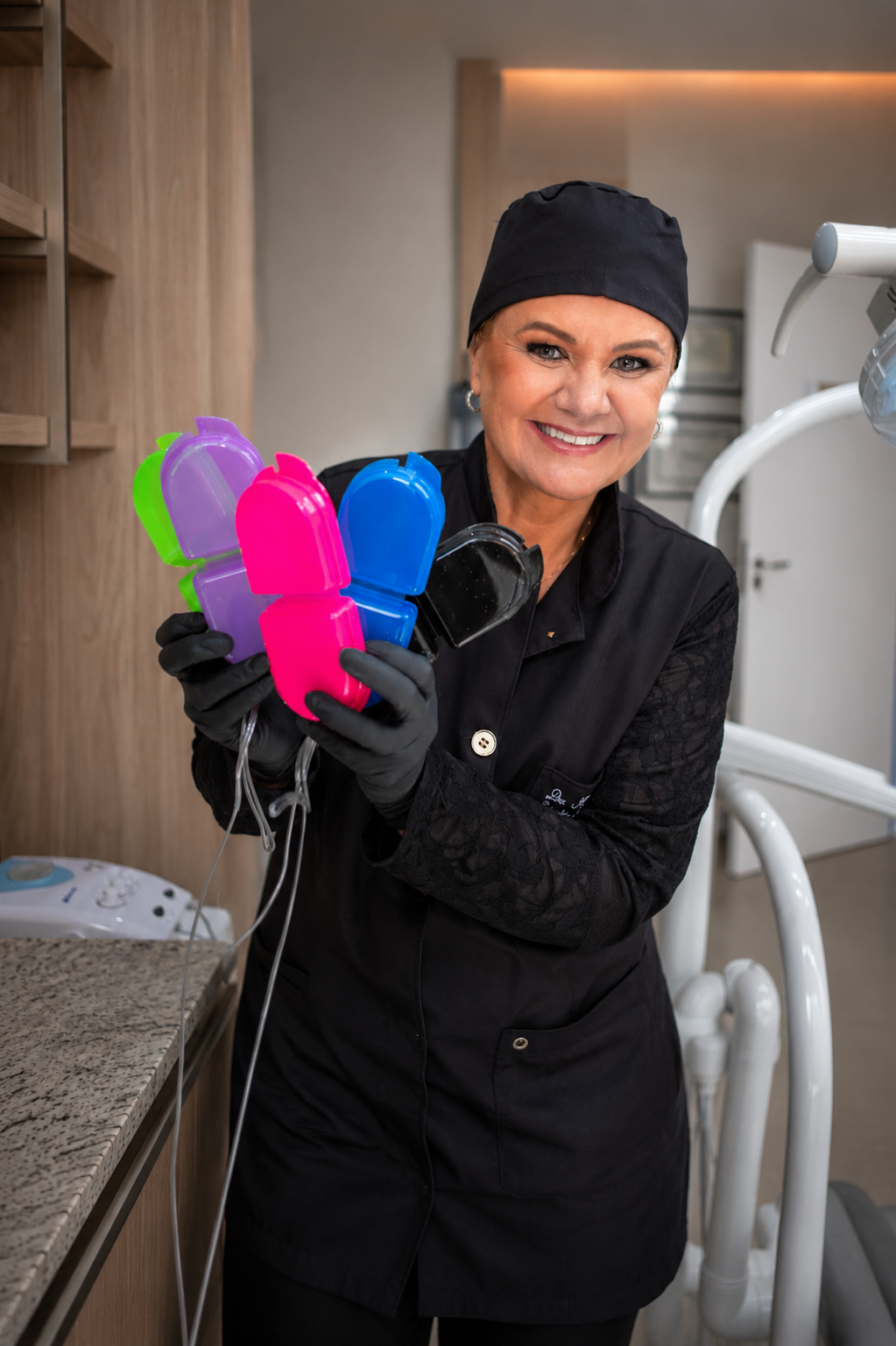 Dra. Karina segurando aparelhos ortodônticos coloridos